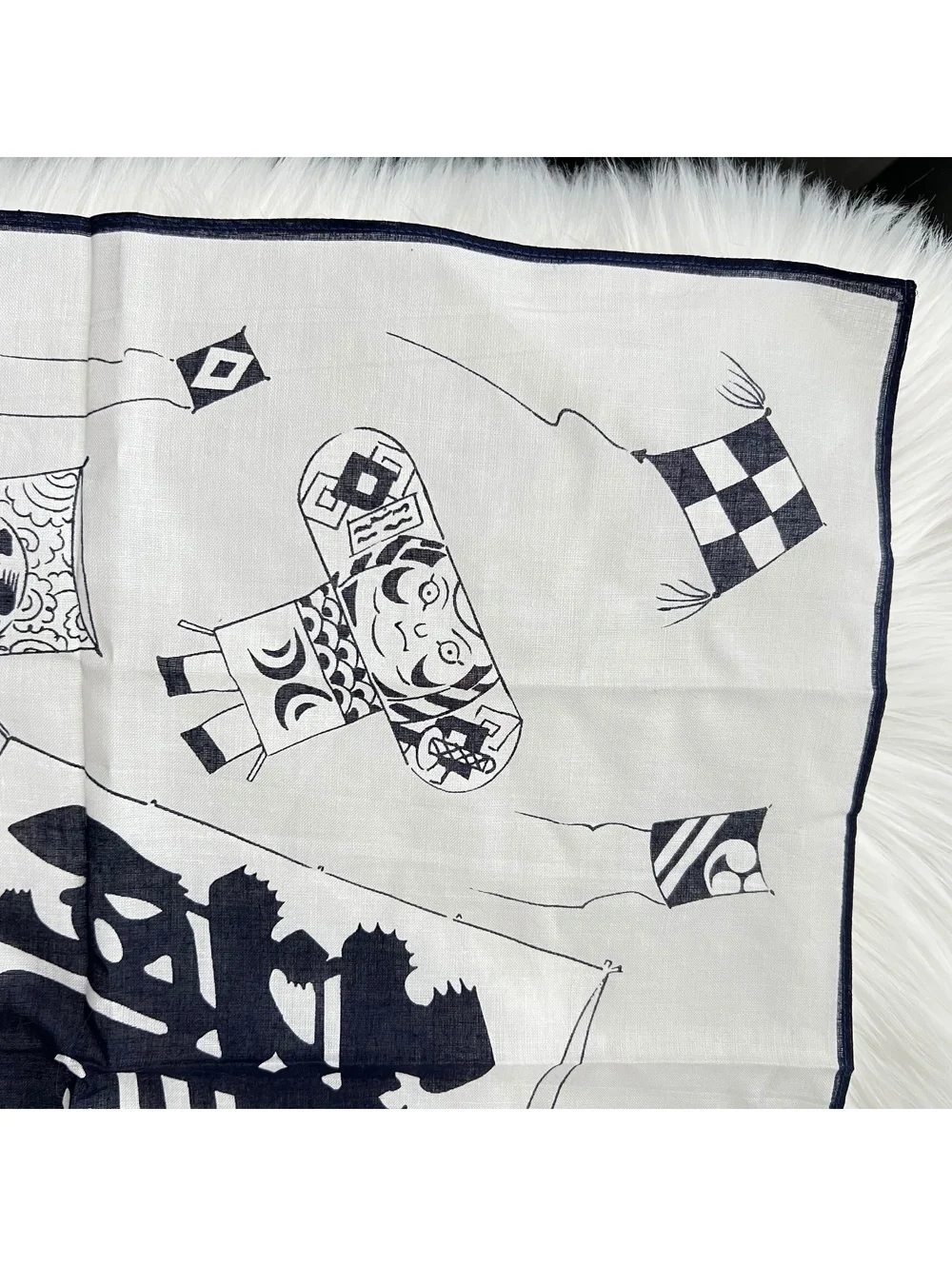 Japanese Kite Festival Scarf Navy White Daruma Folk Art Linen Look 16.5”